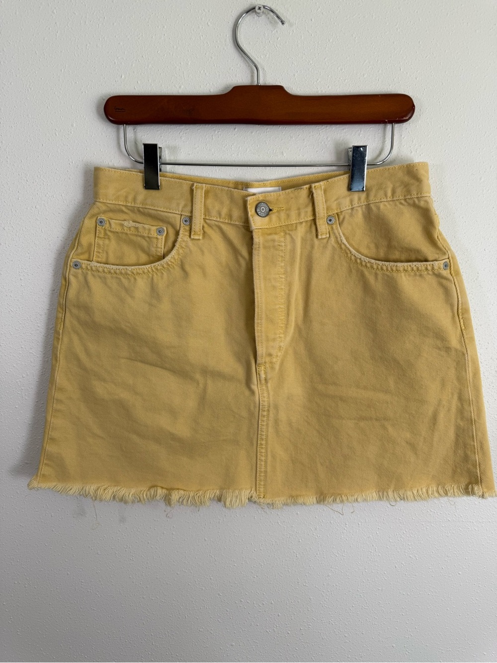 Boyish The Corey Honey Pot Yellow Denim Mini Skirt Raw Hem Size 28/6